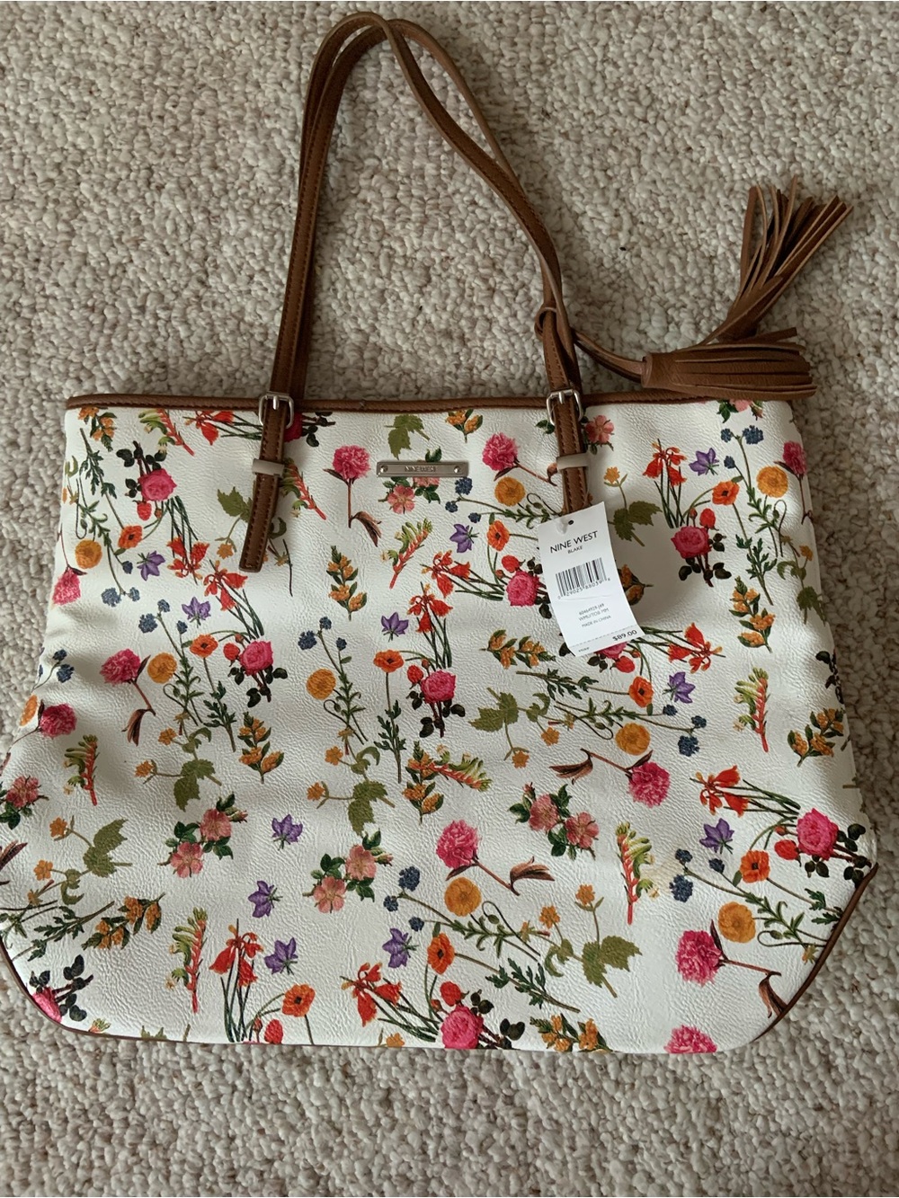 NWT Nine West White Floral Tote with Brown Trim and Tassel